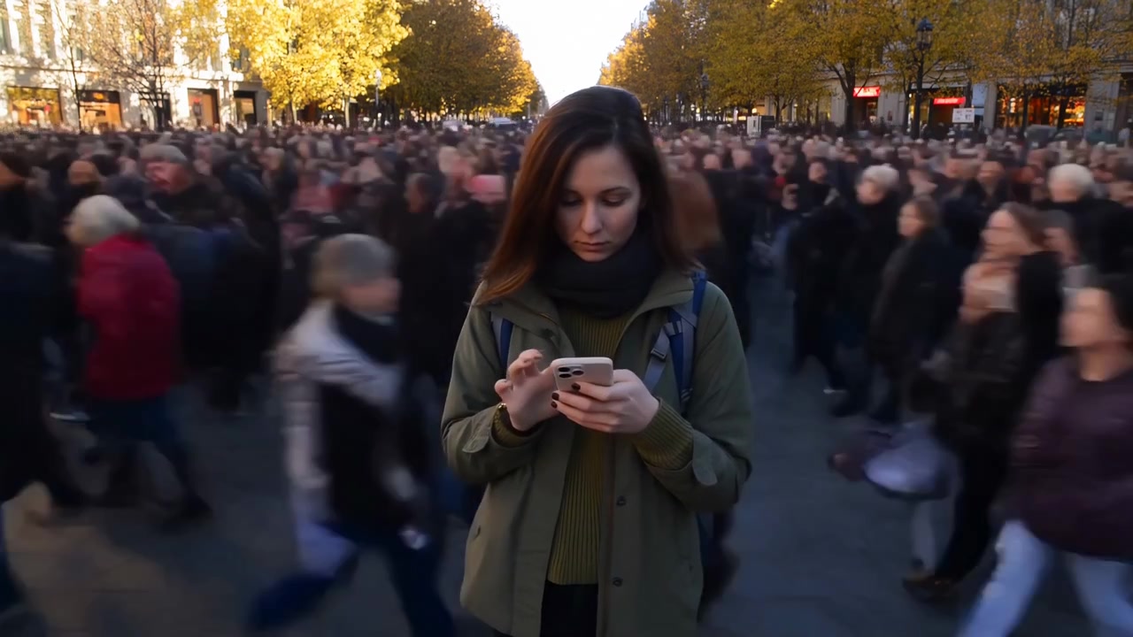 Una giovane donna si trova in primo piano su una trafficata via dello shopping autunnale, concentrata sullo smartphone mentre i pedoni circostanti sfilano in una forte sfocatura di movimento sotto la calda luce cittadina e gli alberi colorati