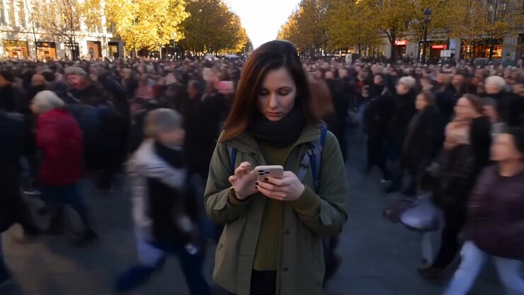 Una giovane donna si trova in primo piano su una trafficata via dello shopping autunnale, concentrata sullo smartphone mentre i pedoni circostanti sfilano in una forte sfocatura di movimento sotto la calda luce cittadina e gli alberi colorati