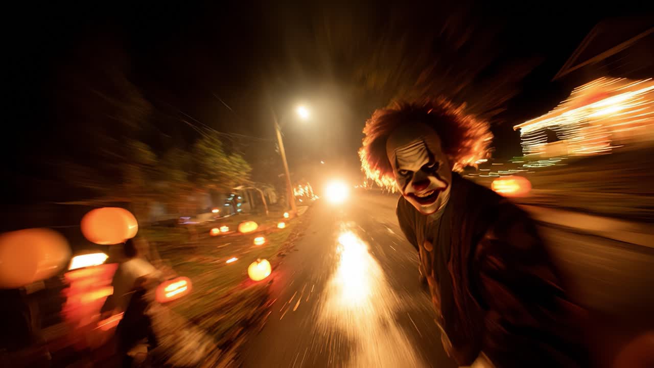 Terrifying Clown Haunts the Streets: A Dark Halloween Night Filled with Frightening Decorations and Eerie Atmosphere Captured in Motion