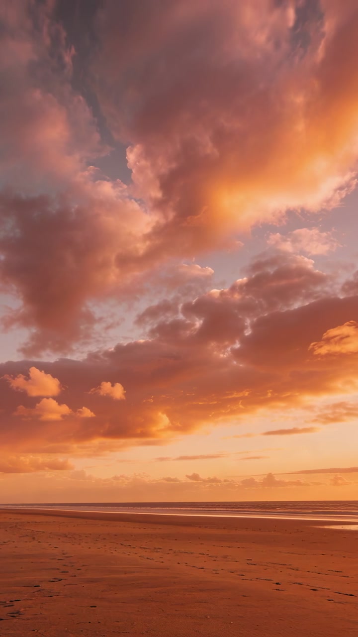 Vertical video: Shifting sunset light causing large clouds to glow over beach with wet sand pools