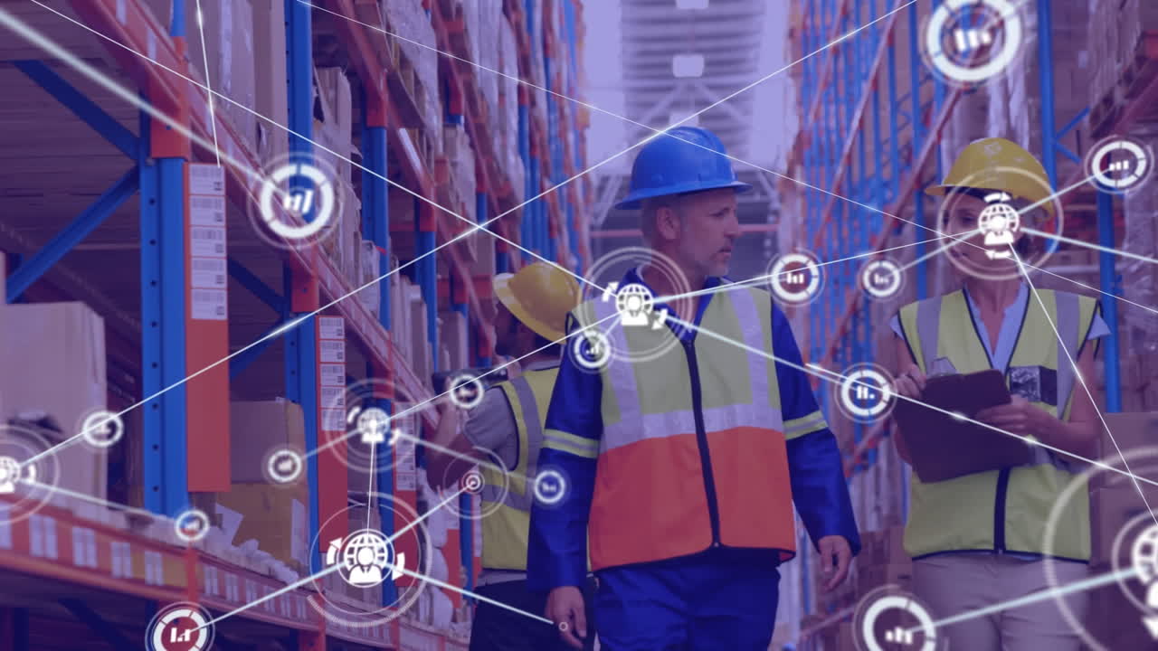 animación de la red de iconos sobre el supervisor caucásico masculino y femenino discutiendo en el almacén.