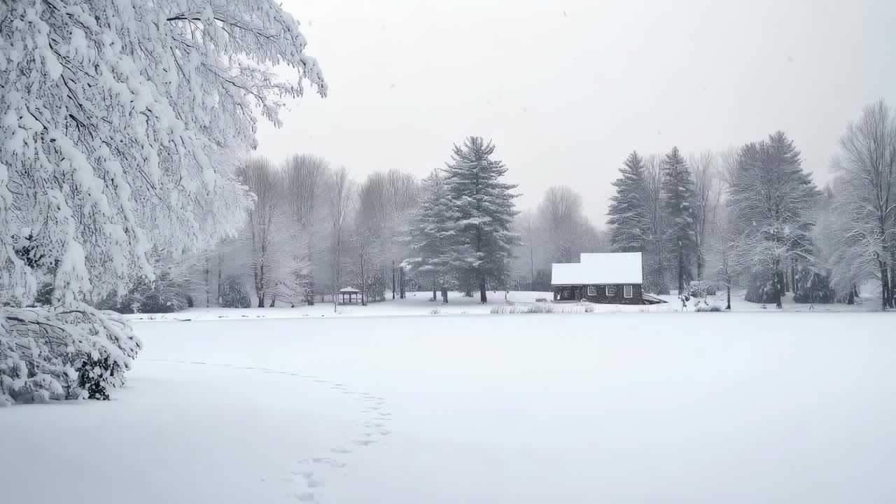 Winter landscape featuring a small wooden house nestled among snow covered trees, with a pristine blanket of snow covering the ground, marked by a trail of footprints leading towards the house