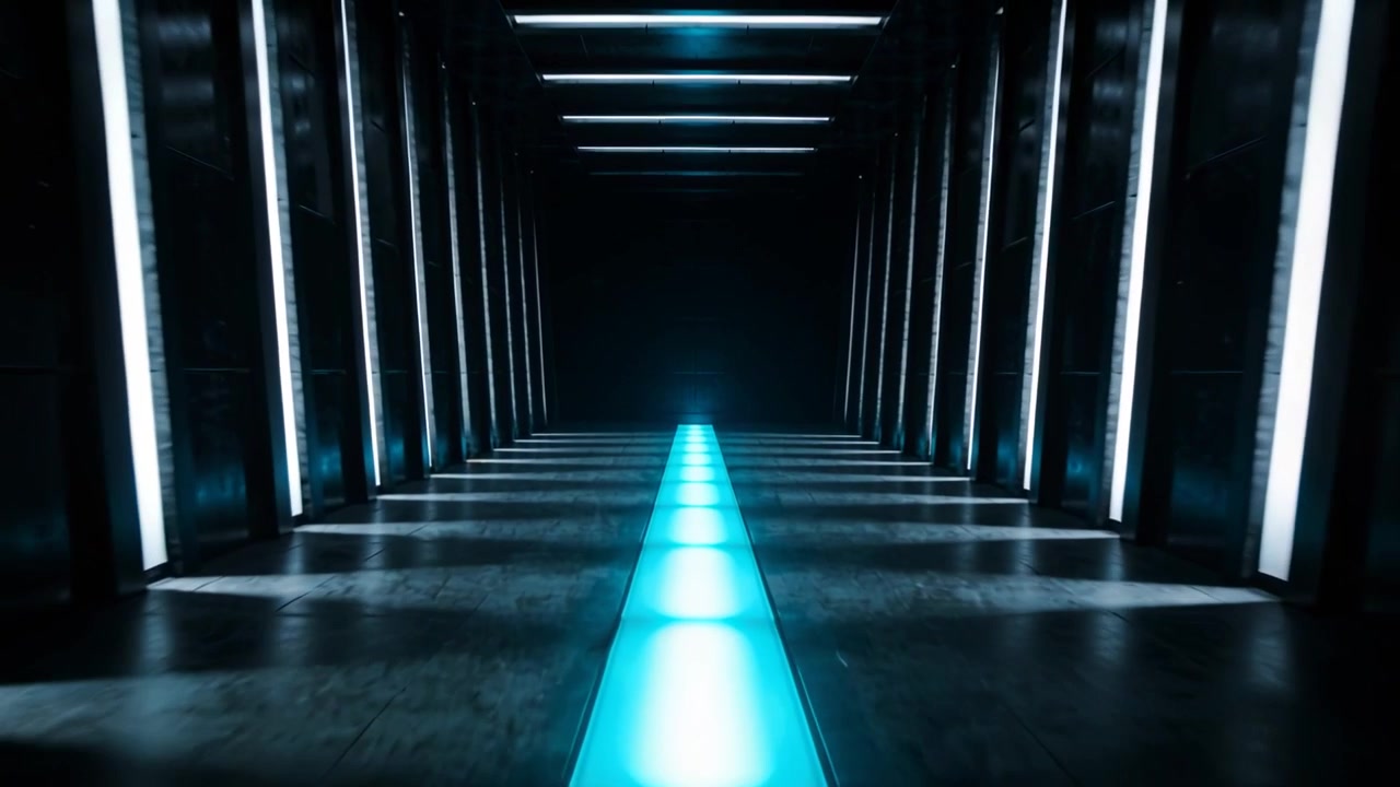 Luci che si accendono in un corridoio hi-tech vuoto, con una striscia luminosa ciano pulsante sul pavimento che guida lo sguardo verso la telecamera.