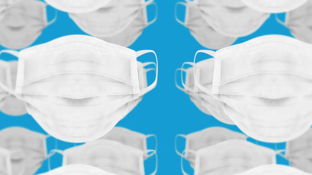 바이러스로부터 보호하기 위해 입과 코를 는 많은 의료 마스크. 건강 관리 개념. 3d 현실적인 의료 마스크, 루프 애니메이션.