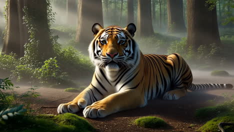 tiger resting in a misty forest