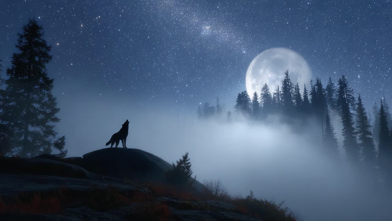 A Majestic Wolf Howling at the Full Moon Beneath a Starry Sky, Surrounded by Misty Forests and Twinkling Stars in a Tranquil Night Landscape