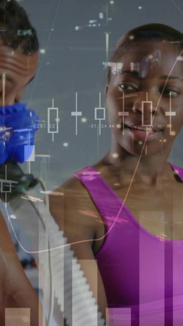 Tech fitting blue mask,hose, animating candlestick line graphs for fitness, athlete holding device