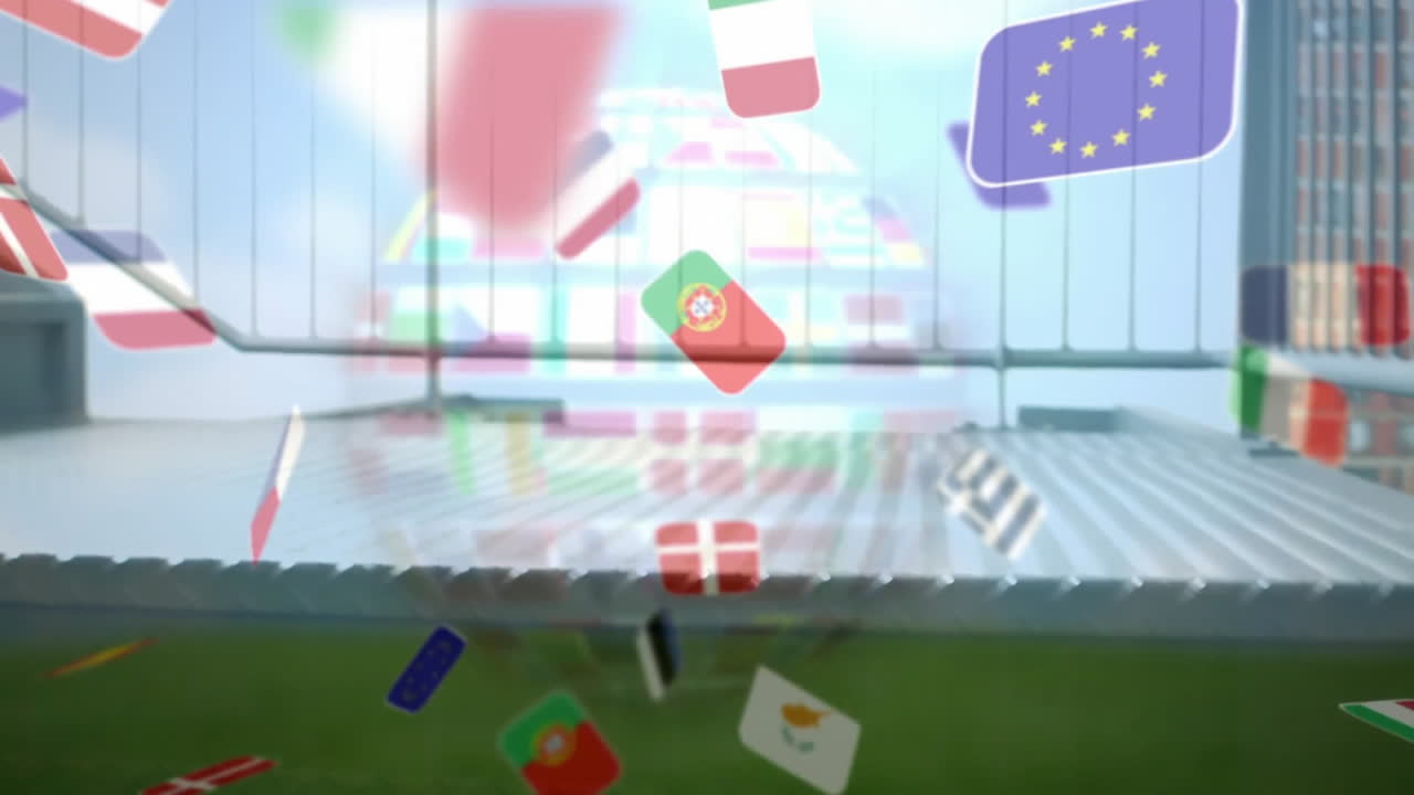 International flag icons floating across outdoor balcony scene, showcasing global branding in 3D