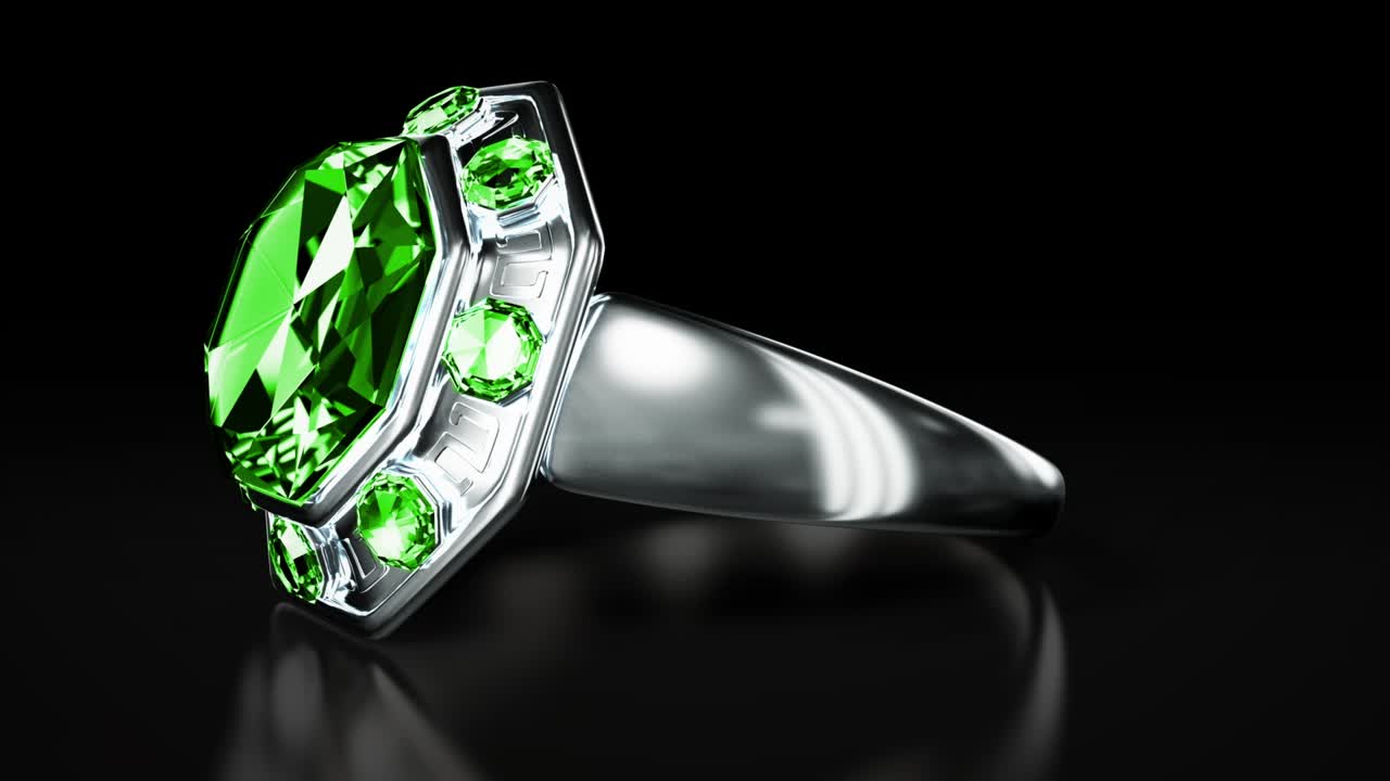 녹색 에메랄드 보석 돌과 함께 은 반지 회전, 고립, 가상의 - 루프 비디오