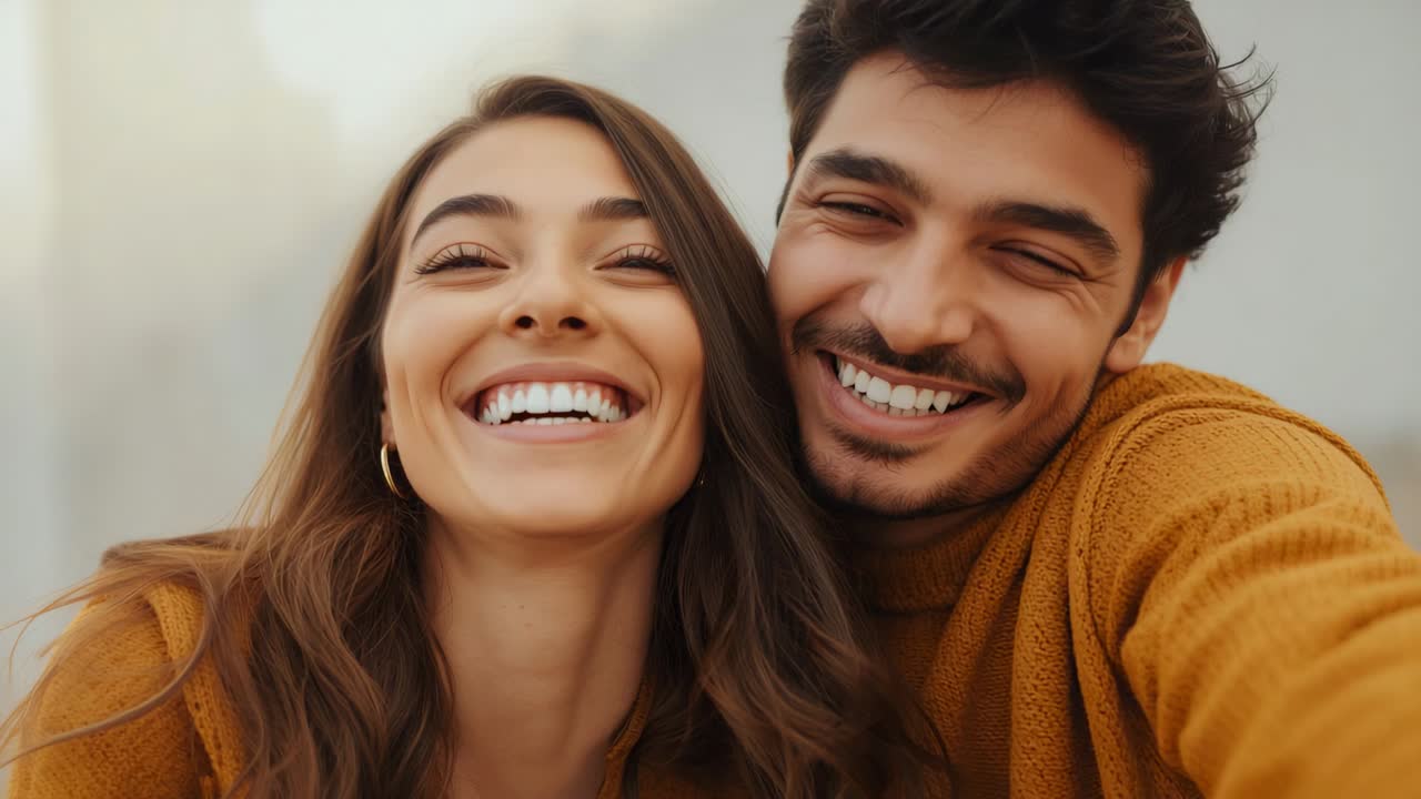 Una pareja haciéndose un selfie se gira para reírse en casa; el hombre sujeta un móvil, ambos llevan jerséis color mostaza y ella tiene aros grandes.