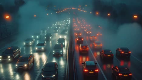 traffic on a foggy highway at night