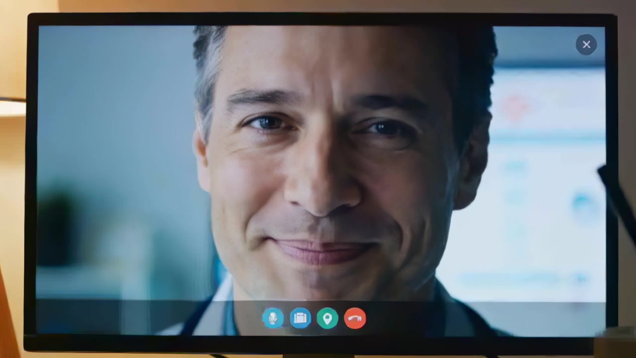 Call interface appearing, smiling doctor in collared shirt, light coat answering on clinic monitor