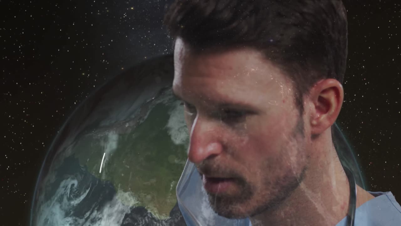 전세계에서 얼굴 마스크를 벗고 있는 남성 의사의 애니메이션