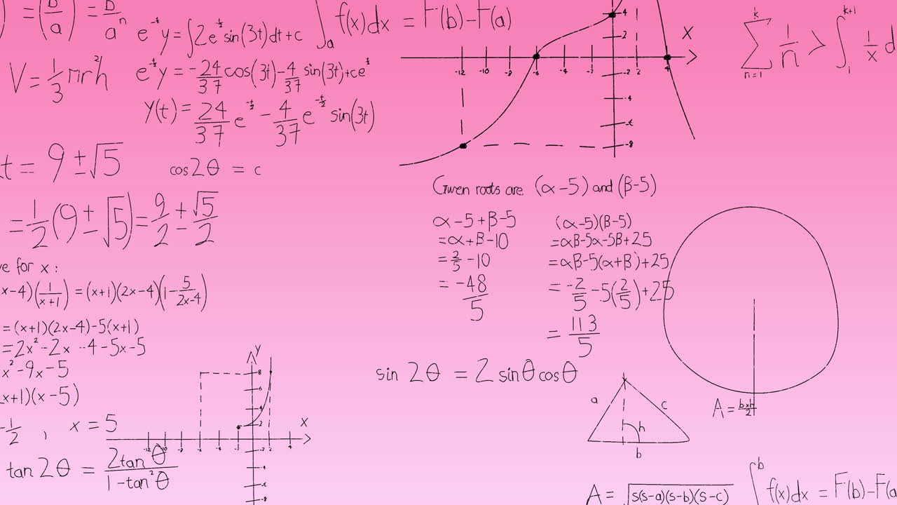 animación de ecuaciones matemáticas y diagramas flotando contra un fondo de gradiente rosa