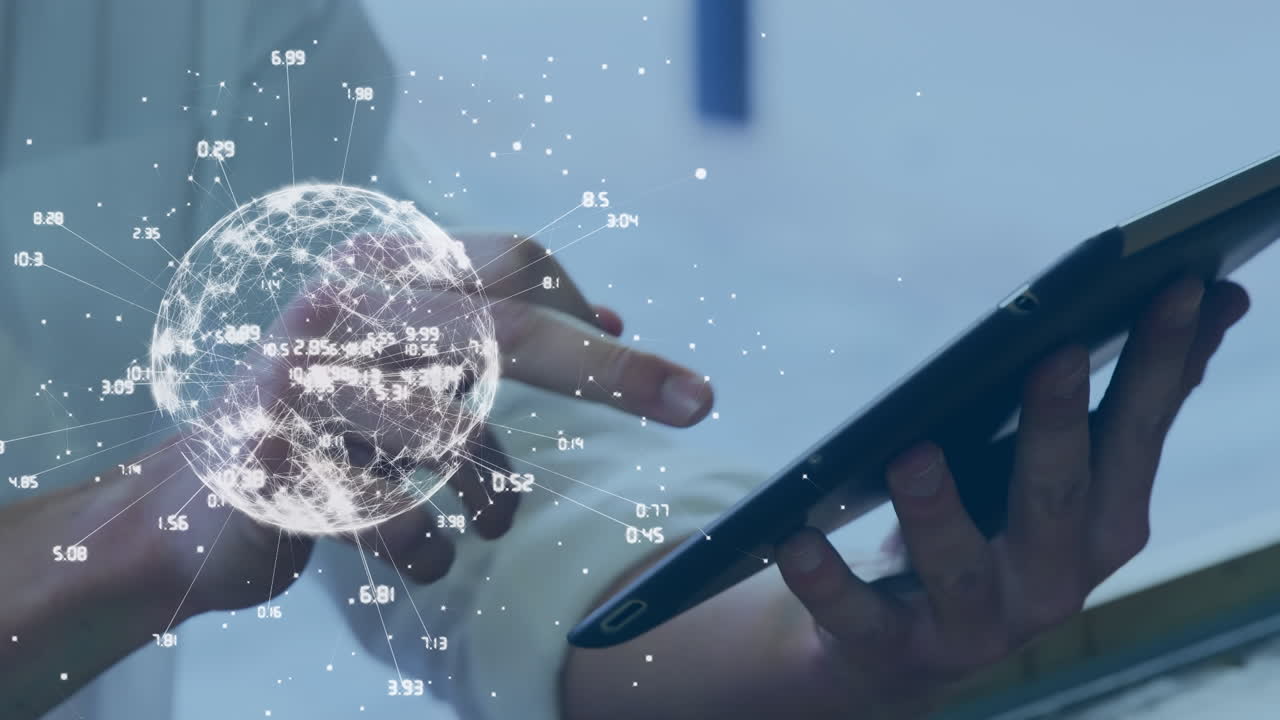Animation of numbers and globe over caucasian businesswoman using tablet