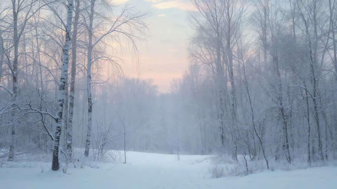Sunrise shifting light, snow-covered birch clearing brightening at dawn, mist veiling treeline