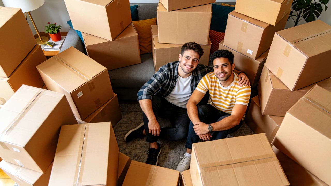 Camera zooming, two men sitting on living room floor, pausing and posing among stacked moving boxes