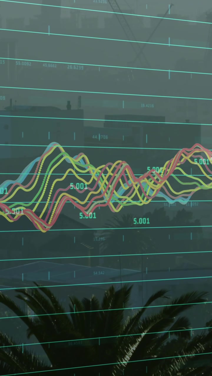 Animazione di elaborazione dati finanziari su paesaggio urbano