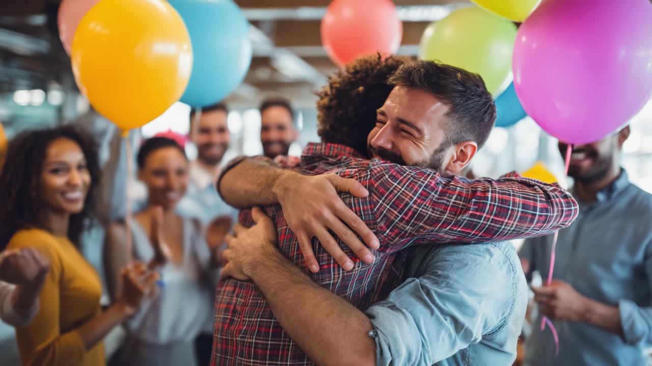 Celebration of Friendship: Two Friends Embrace Joyfully Amidst Colorful Balloons, Surrounded by Cheerful Faces, Capturing the Essence of Happiness and Togetherness in a Festive Setting