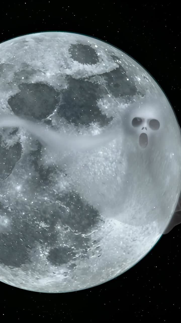 Vídeo vertical: Lua cheia nascendo e brilhando em um céu estrelado, névoa espectral formando uma aparição fantasmagórica