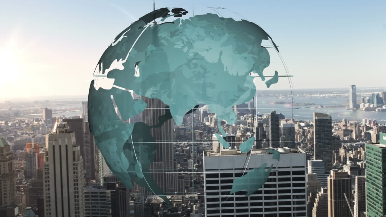Animation of globe spinning over cityscape
