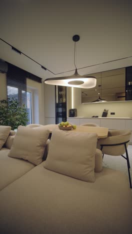 stylish and elegant minimalist home interior featuring clean lines, neutral colors, and warm ambient lighting, creating a cozy and modern atmosphere.