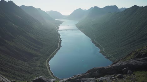 Aerial-View-Of-Gryllefjord-Between-The-Mountains-In-Senja-Island,-Norway