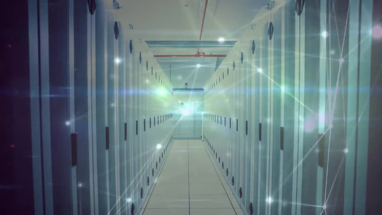 animación de puntos conectados con líneas sobre la sala del servidor de datos en segundo plano