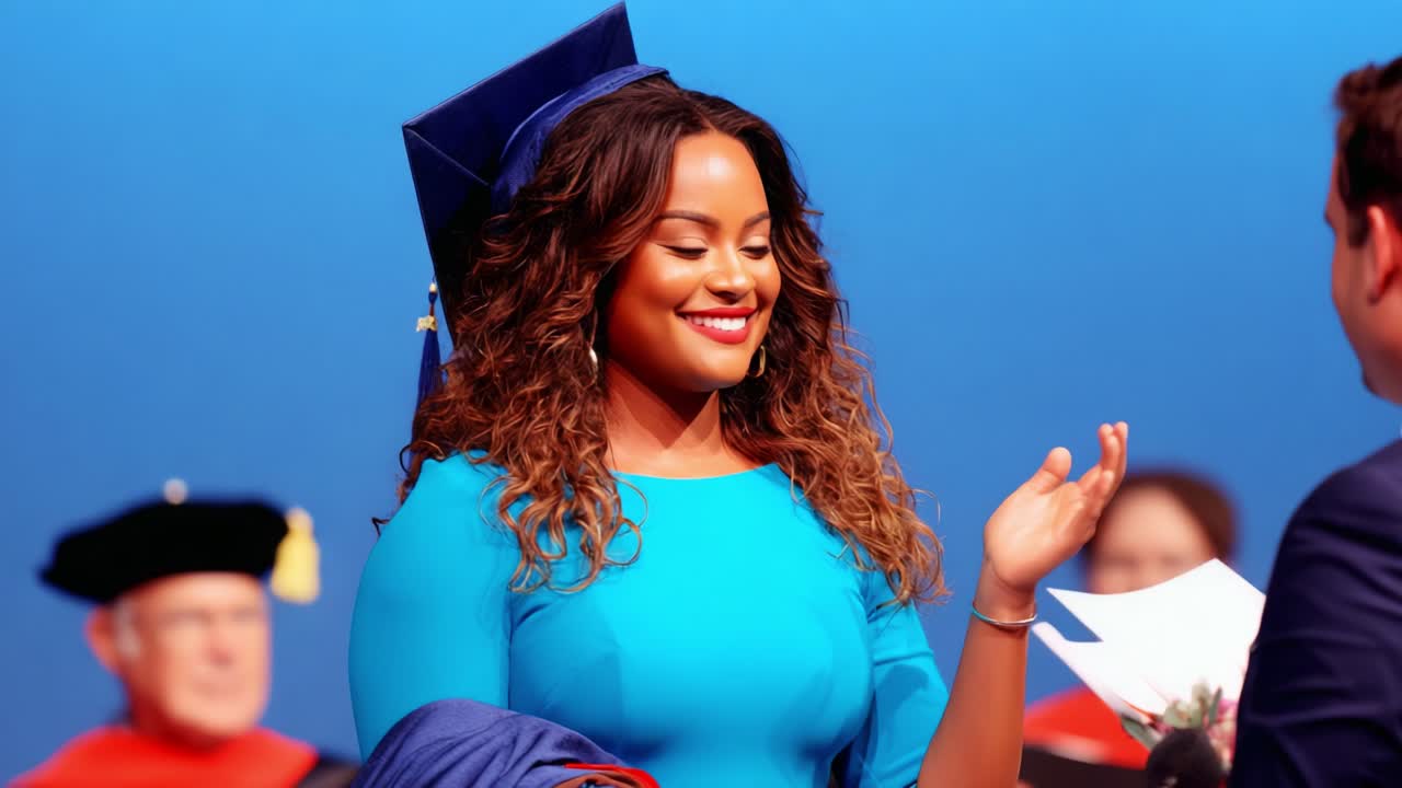 Celebration of Achievement: A Joyful Graduate in Cap and Gown Receiving Congratulations at a Milestone Moment in Graduation Ceremony, Radiating Pride and Accomplishment