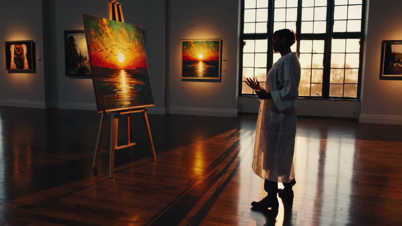 Woman Examining Painting in Art Gallery