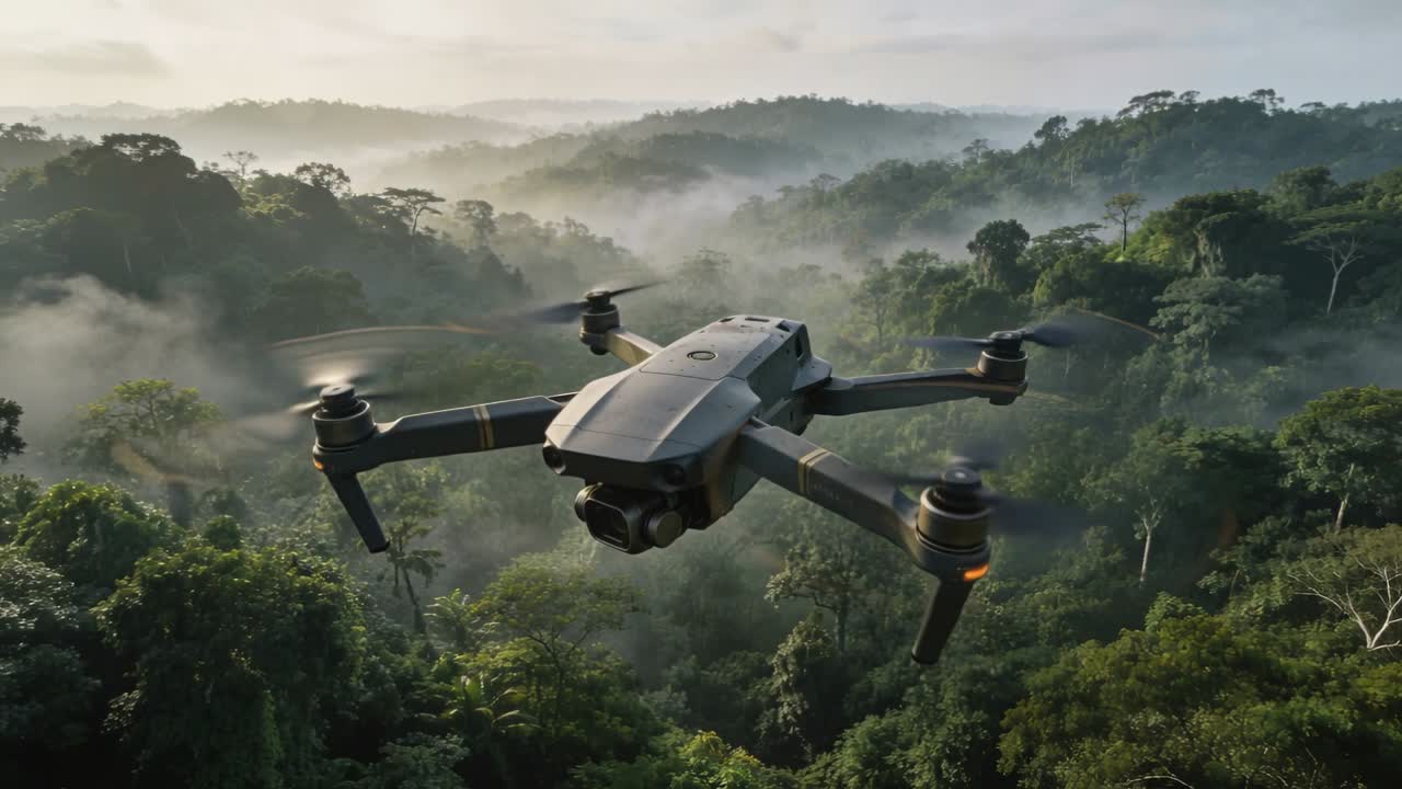 Svævende drone gasser op, vipper fremad og bevæger sig mod tåget trækrone, gimbal overvåger højdedrag.