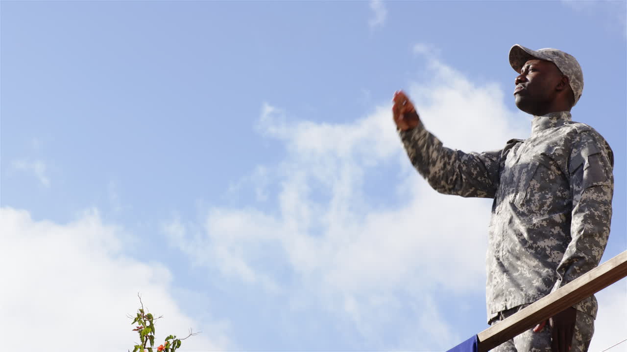 Saluting, soldier in camouflage uniform standing outdoors against blue sky