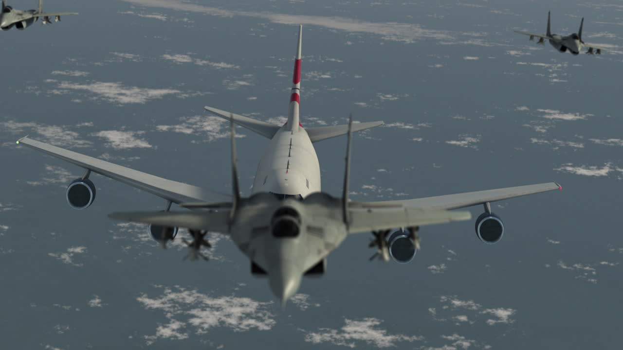 f-15 전투기로 둘러싸인 보잉 747 항공기 중간  높은 각도