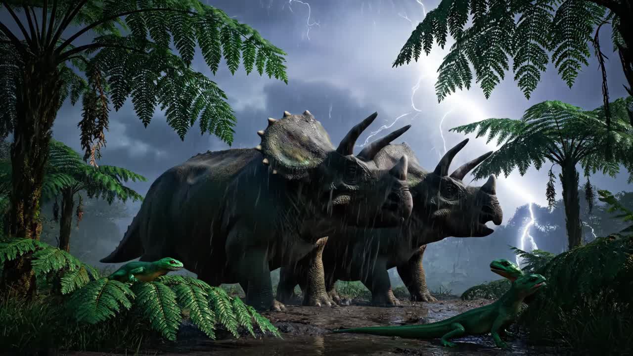 Triceratops in a prehistoric storm