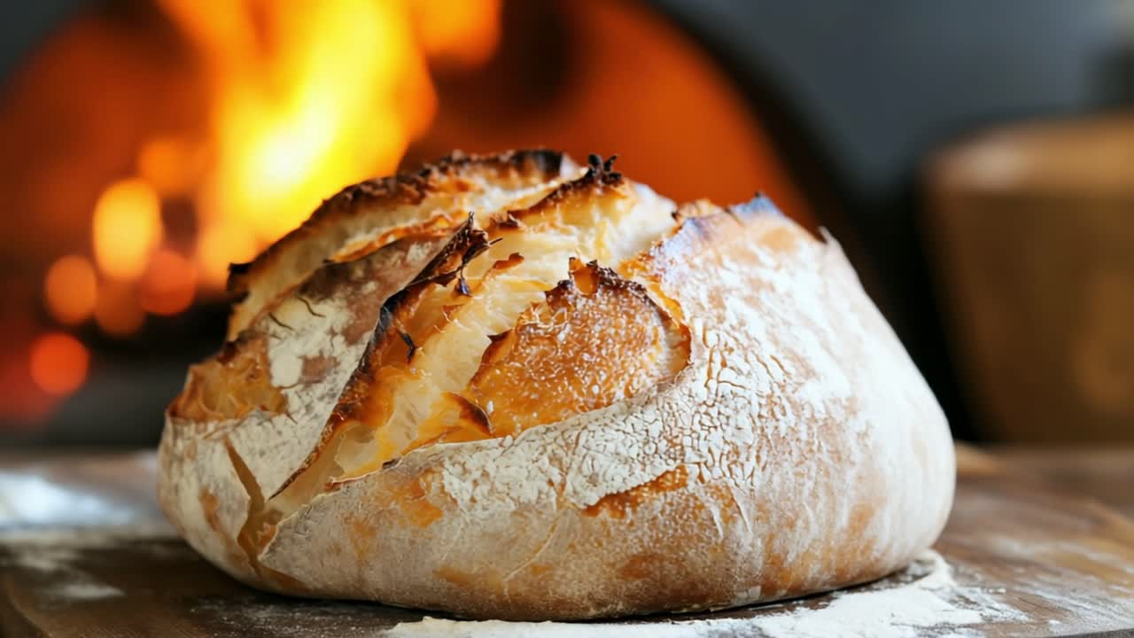 Round loaf of sourdough bread resting on a wooden cutting board with a blurred burning oven in the background, showcasing the warm tones and rustic texture of traditional baking
