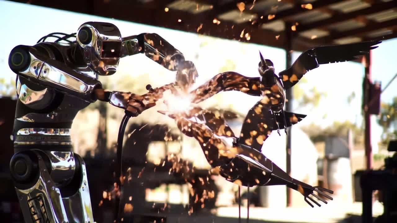 A Futuristic Robot Crafting Stunning Metal Birds in a Workshop, Showcasing Advanced Robotics and Artistic Sculpture in an Inspiring Creative Process