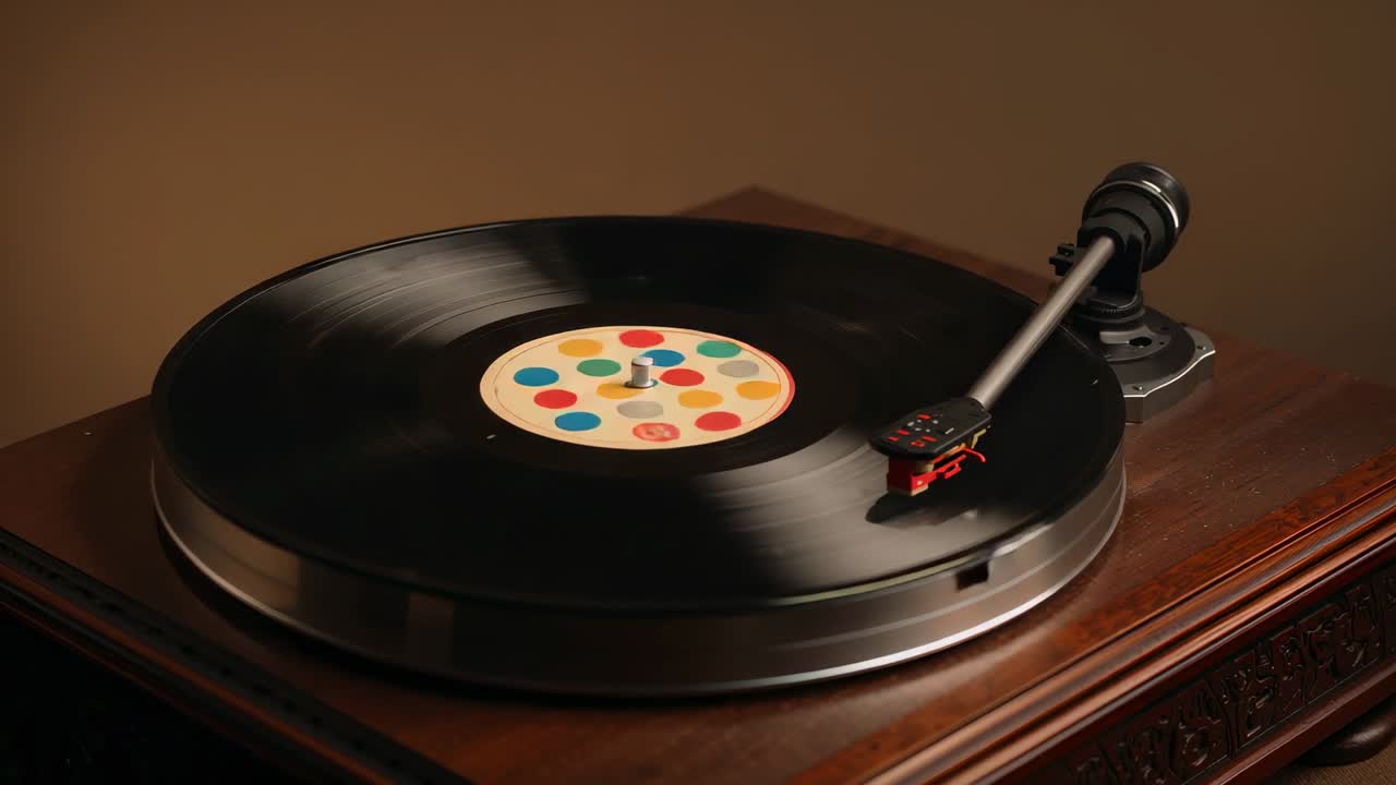Vinile che inizia a girare sul piatto con braccio che passa su mobile intagliato, con etichetta a pois