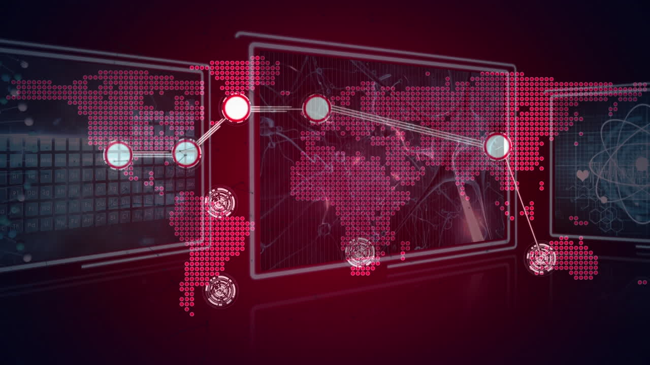 Animation of network of connections over red world map and data processing on interface screens