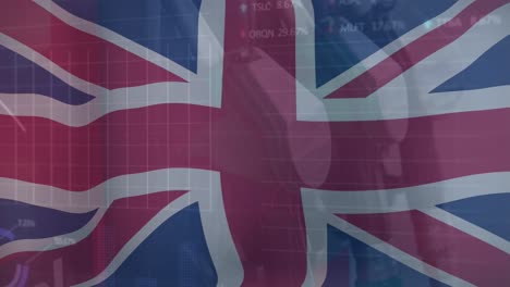 Animation-of-financial-data-processing-over-flag-of-uk