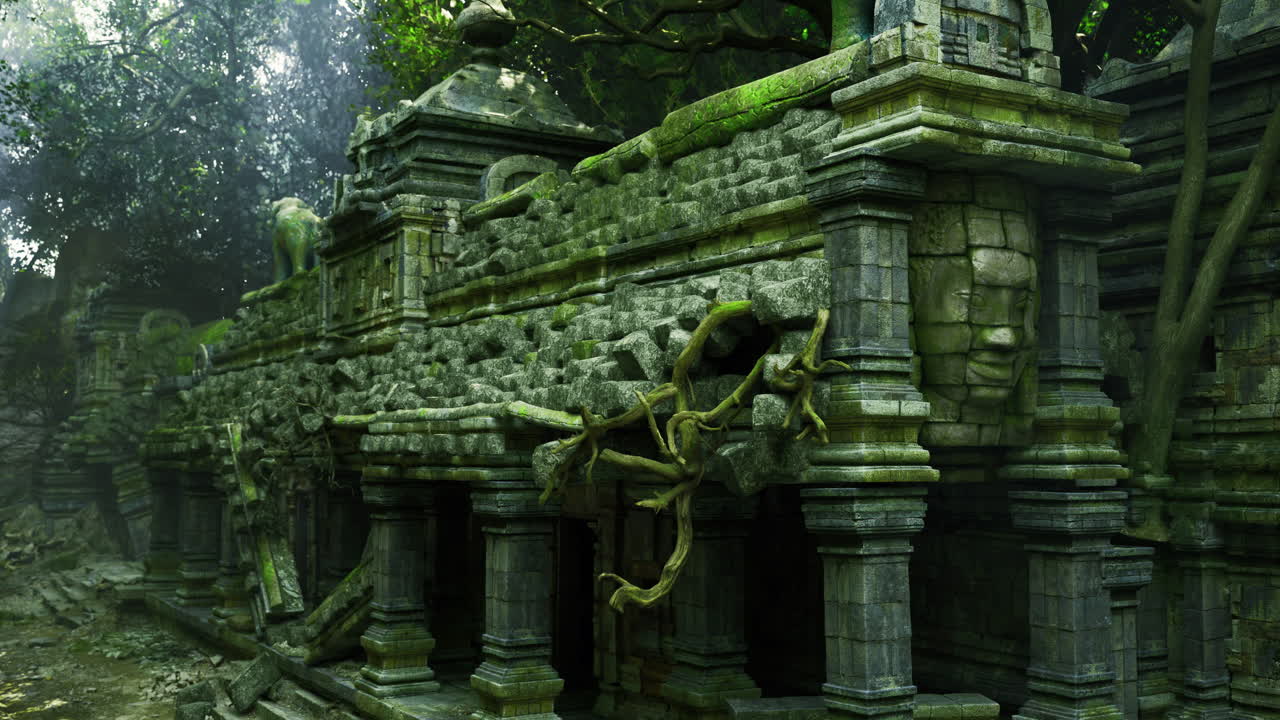 Rovine di un antico tempio ricoperte di muschio in mezzo a una fitta foresta