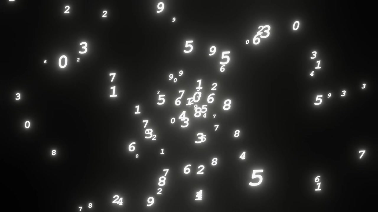 4K video animation of the numbers from 0 to 9 floating on the black frame.