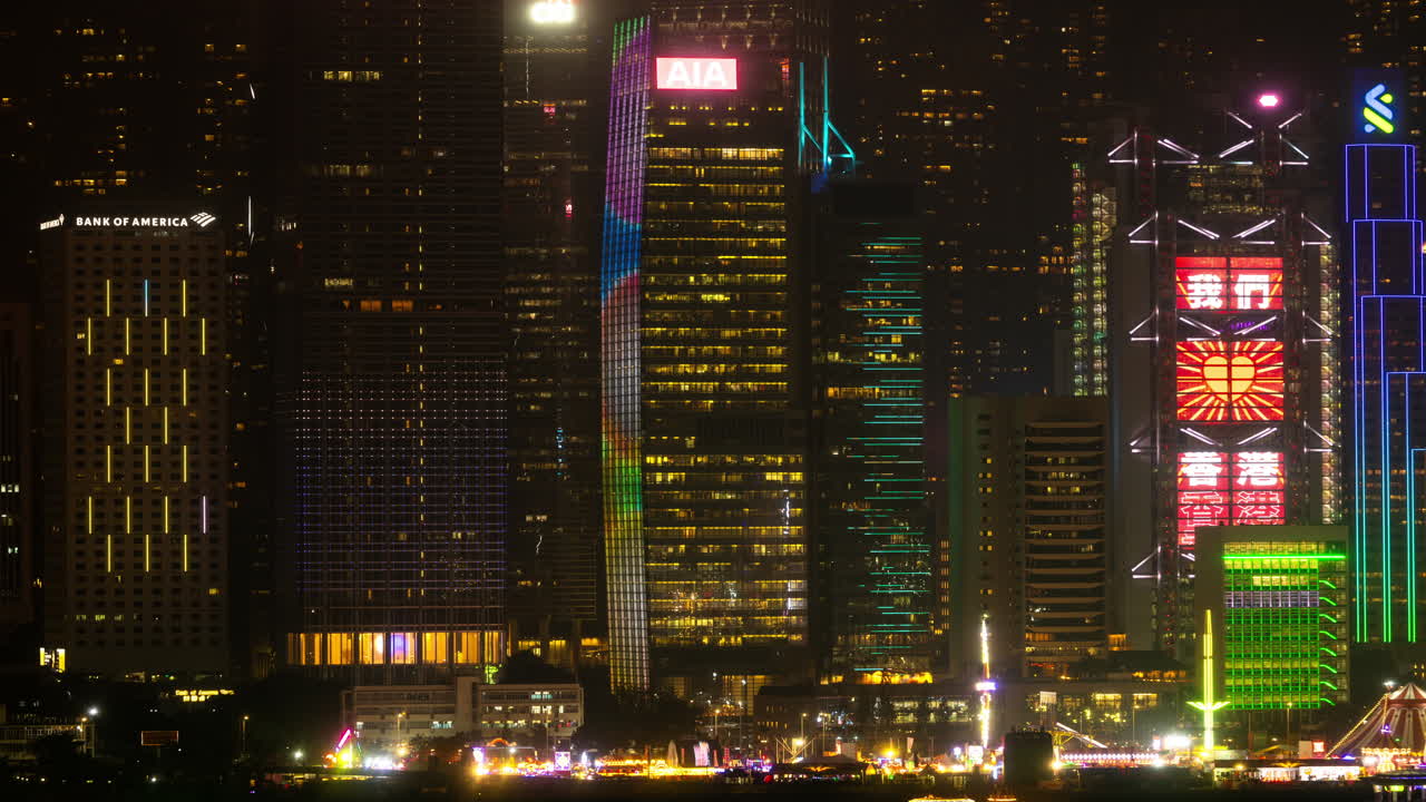 HONG KONG - 19 MARCH 2025 : Hong Kong Central city skyline filmed from across the harbour in kowloon with all the skyscrapers lit up at night advertisements