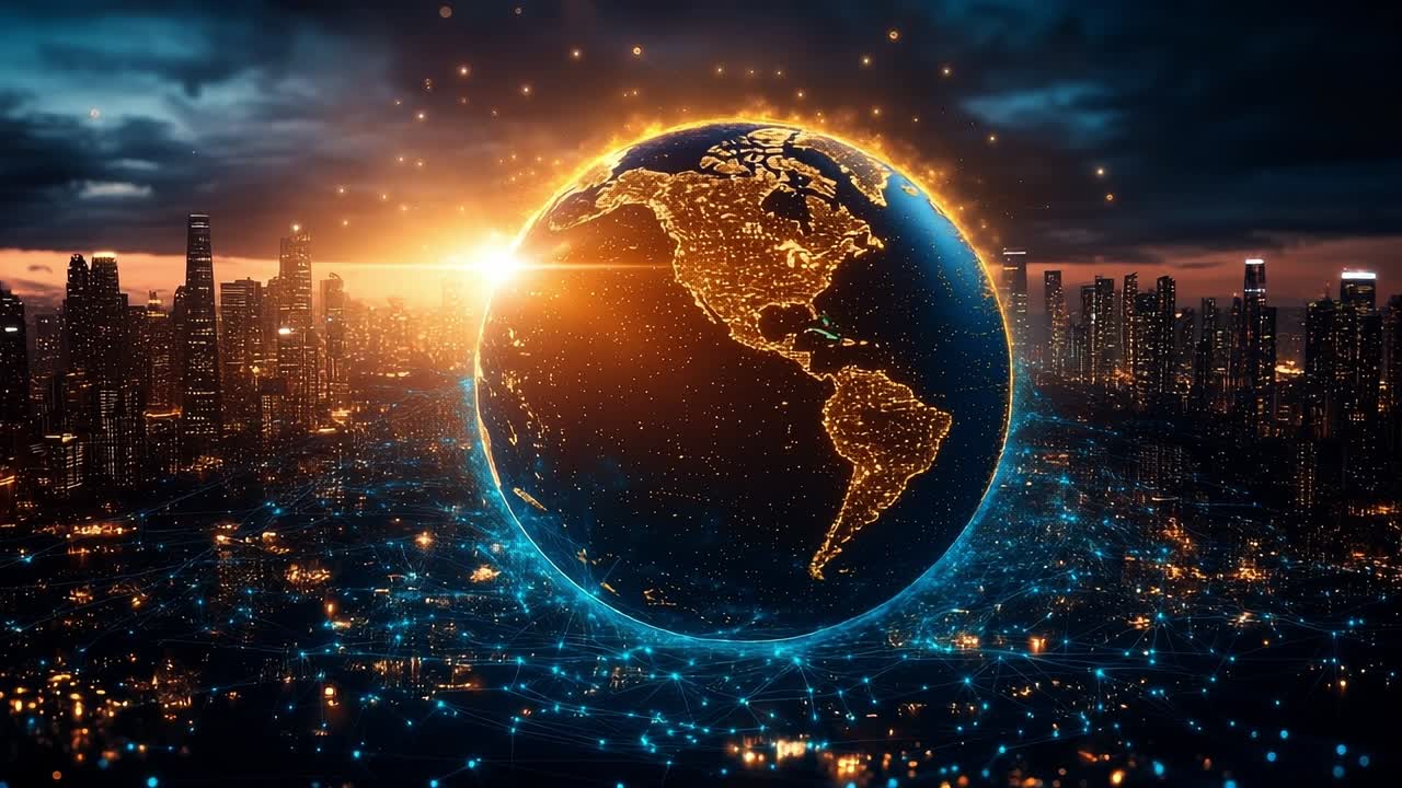 Glowing globe over skyline at dusk. A glowing globe is suspended over a city skyline, showcasing illuminated continents as daylight fades into dusk.