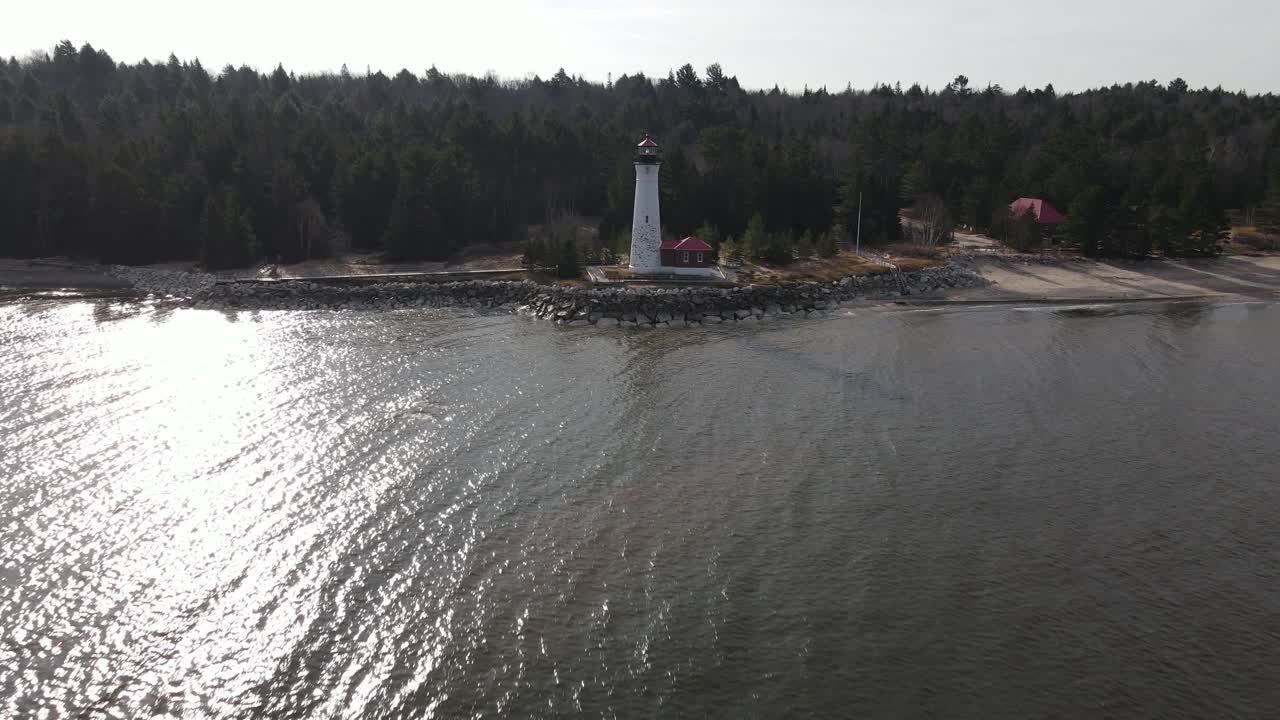 4k drone video of Crisp Point Lighthouse in Michigan during the fall.