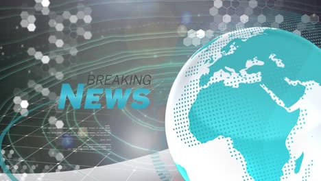 animation of breaking news text, computer language and globe over abstract background