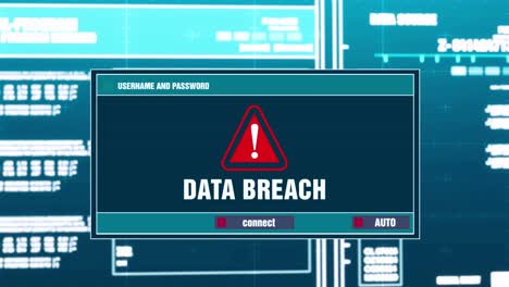 Data breach warning notification generated on digital system security alert error message on