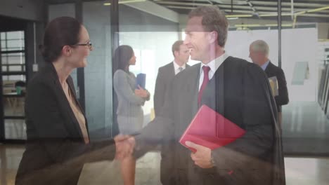 animation of door over diverse business people in office