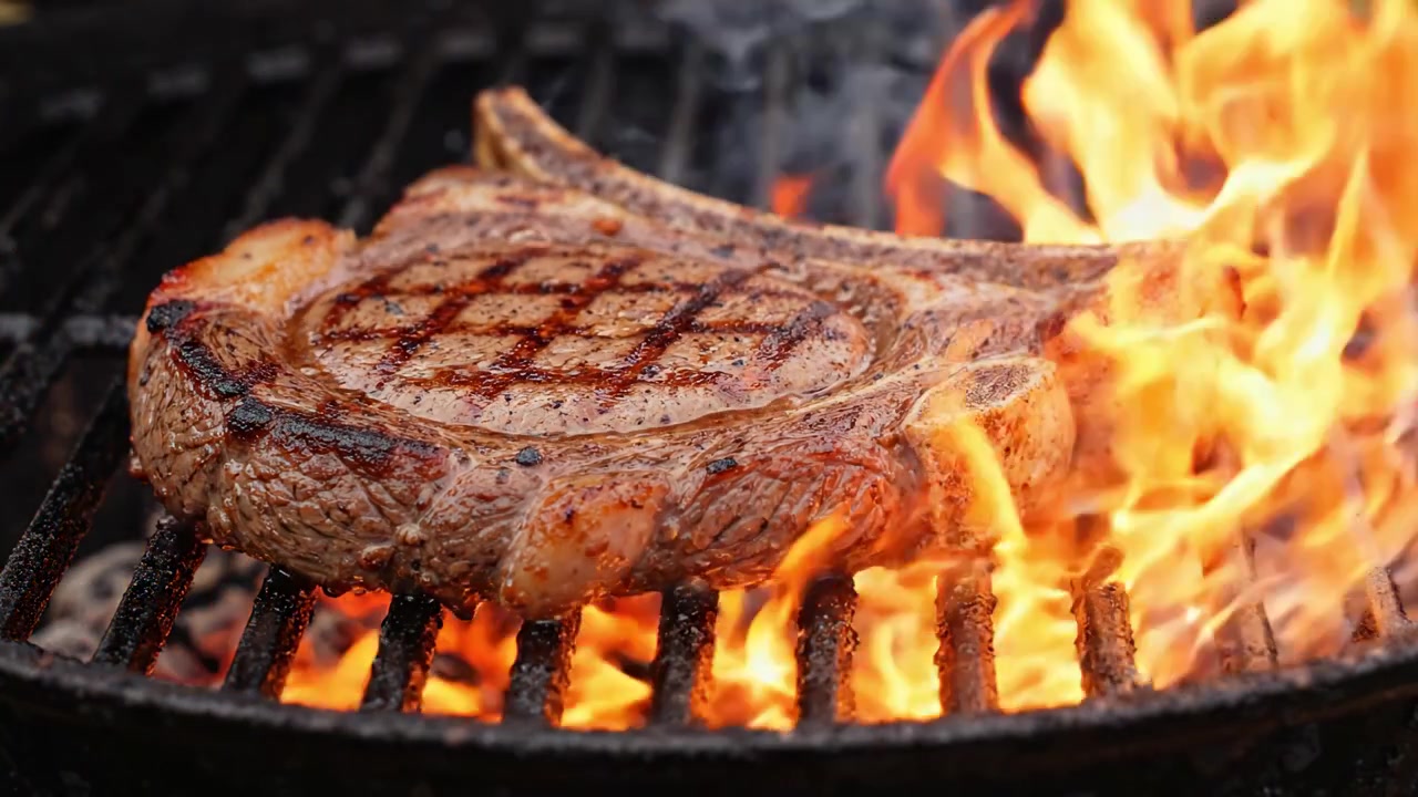 Sizzling Grilled Steak Cooking Over Flames, Showcasing Perfect Grill Marks and Juicy Texture, Ideal for Summer Barbecues and Outdoor Gatherings