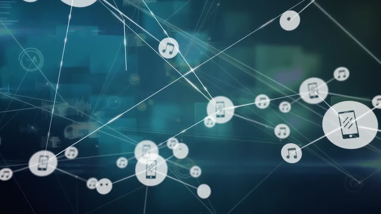 디지털 아이콘 네트워크의 애니메이션과 파란색 배경에 대한 사각형 모양의 데이터 처리