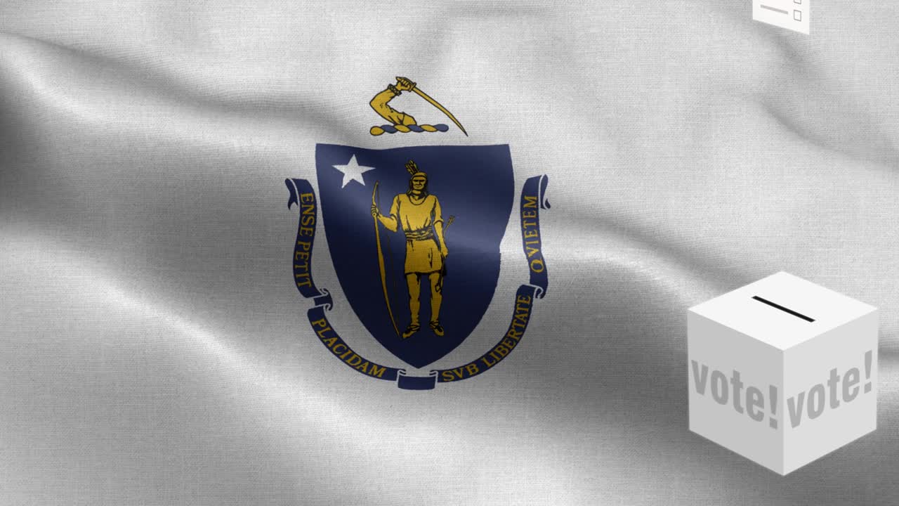 estado de massachusetts - las papeletas de votación vuelan a la caja para la selección de massachusetts - caja de votación frente a la bandera - elección - voto - bandera electoral estado de massachusetts patrón de onda elementos loopables - textura de tela y bucle sin fin - massachusetts
